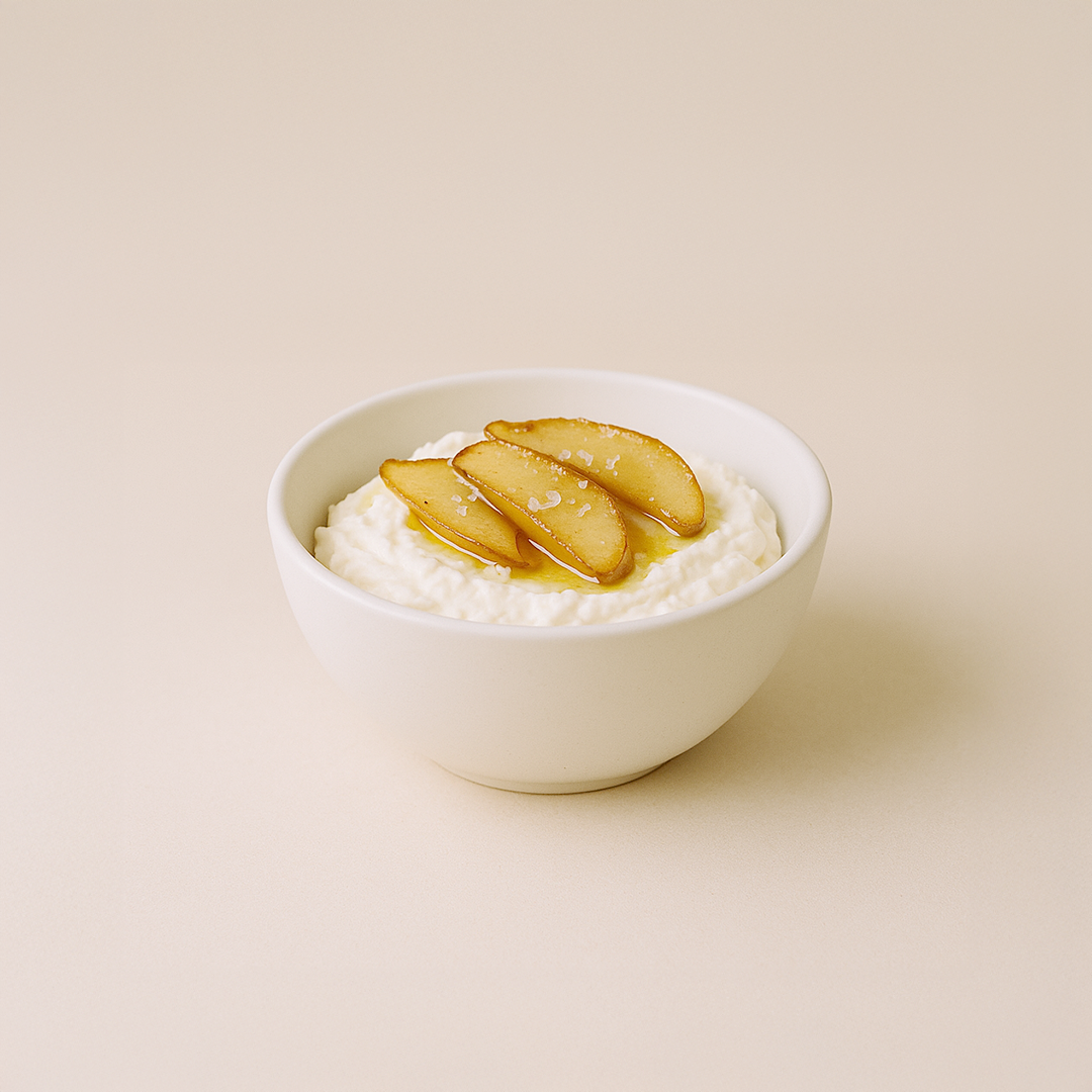 Tartinade à la ricotta, poire caramélisée et collagène