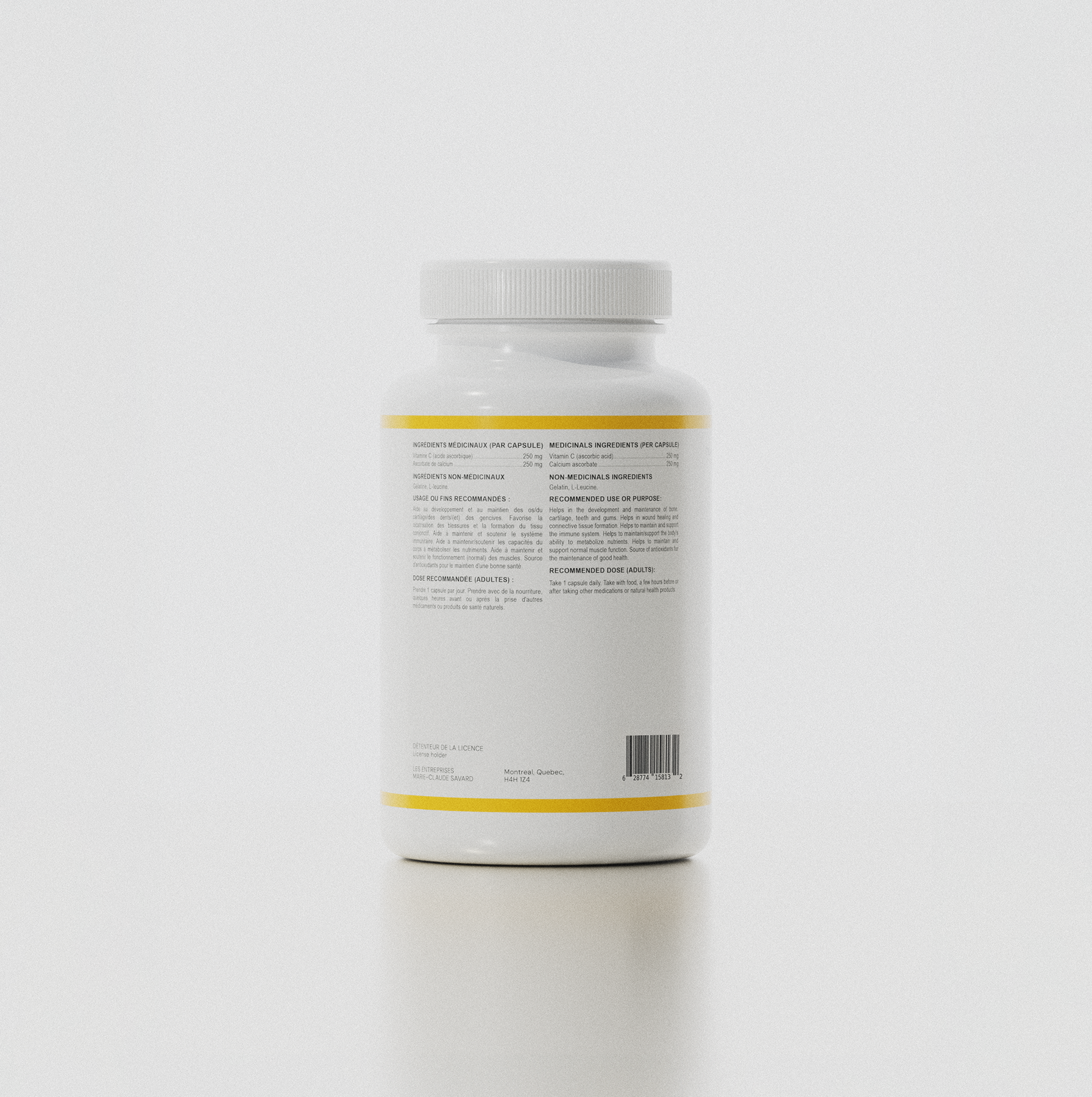 dos du flacon vitamine c mcs avec calcium, complément alimentaire naturel et informations nutritionnelles