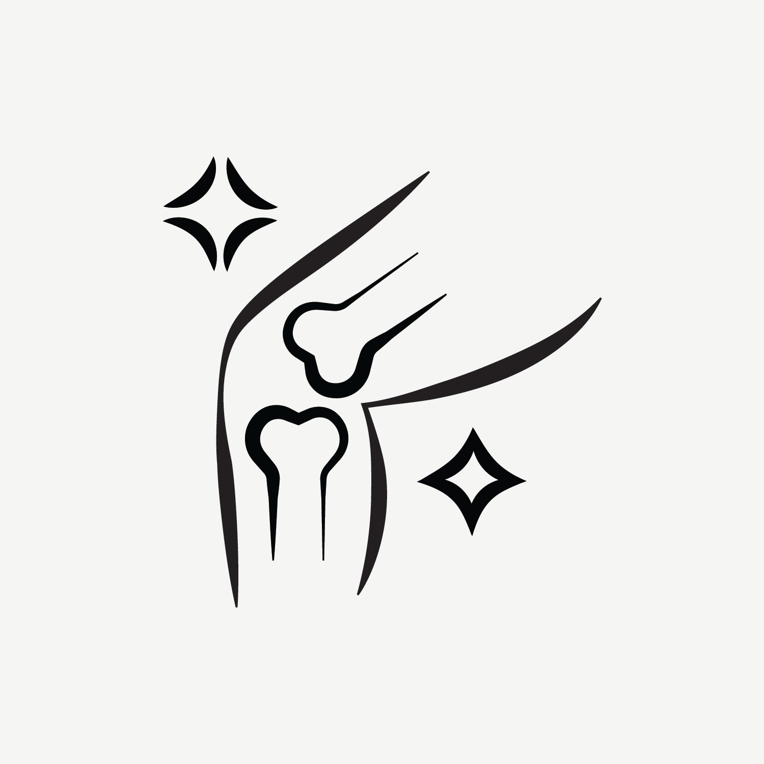 icône stylisée d’une articulation de genou avec des os et des étincelles symbolisant la santé articulaire