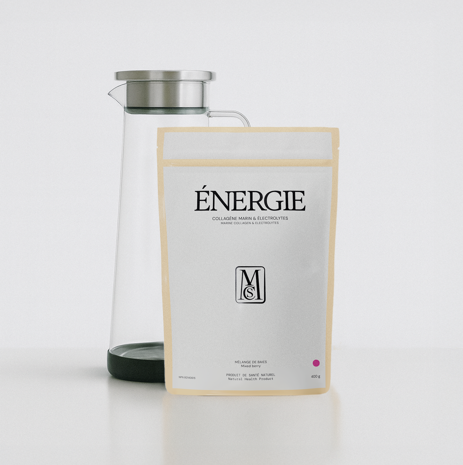 Duo sac de collagène marin et électrolytes ÉNERGIE + carafe à eau