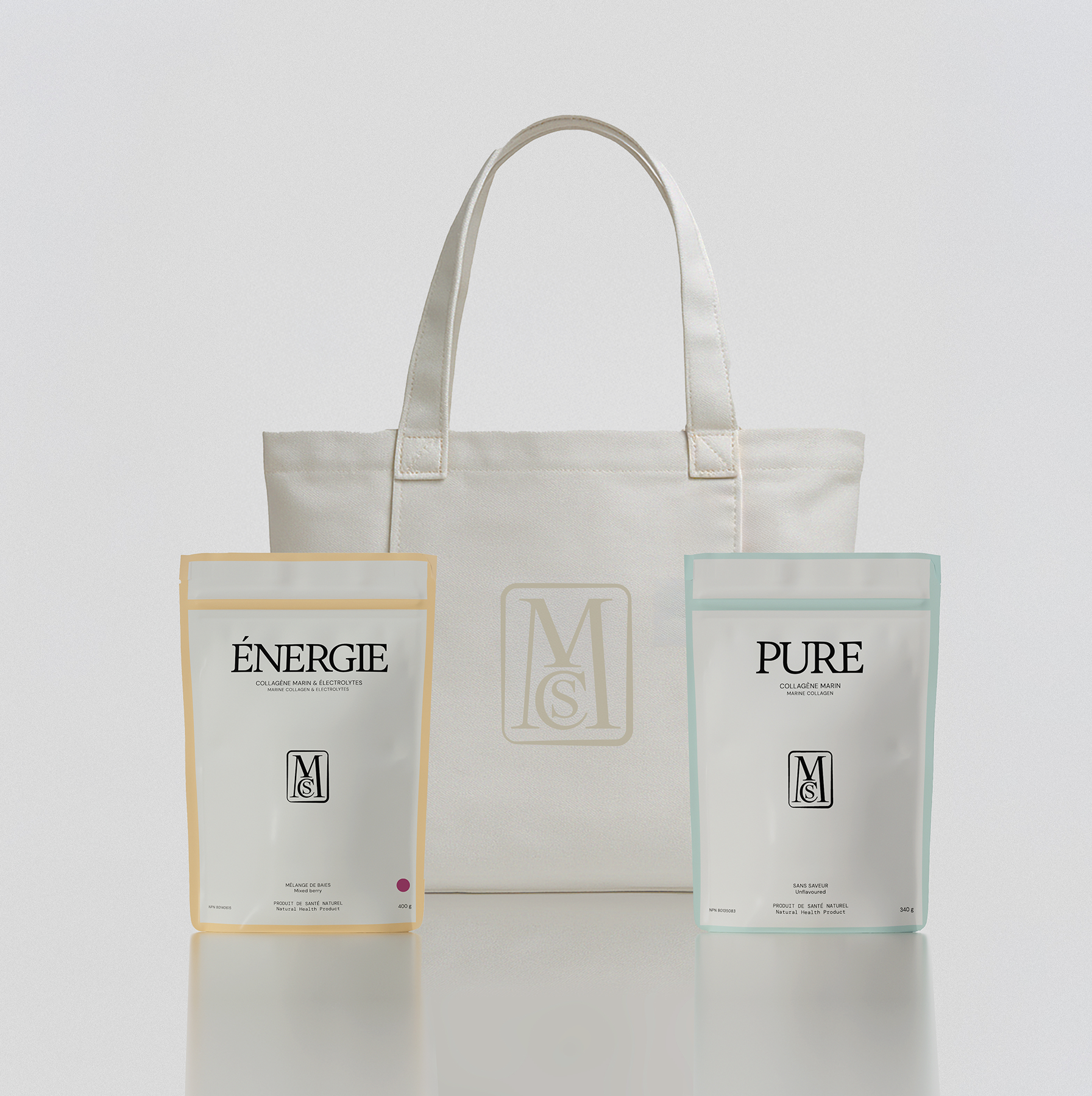 Coffret 4 : collagène marin PURE + collagène marin et électrolytes ÉNERGIE + sac fourre-tout