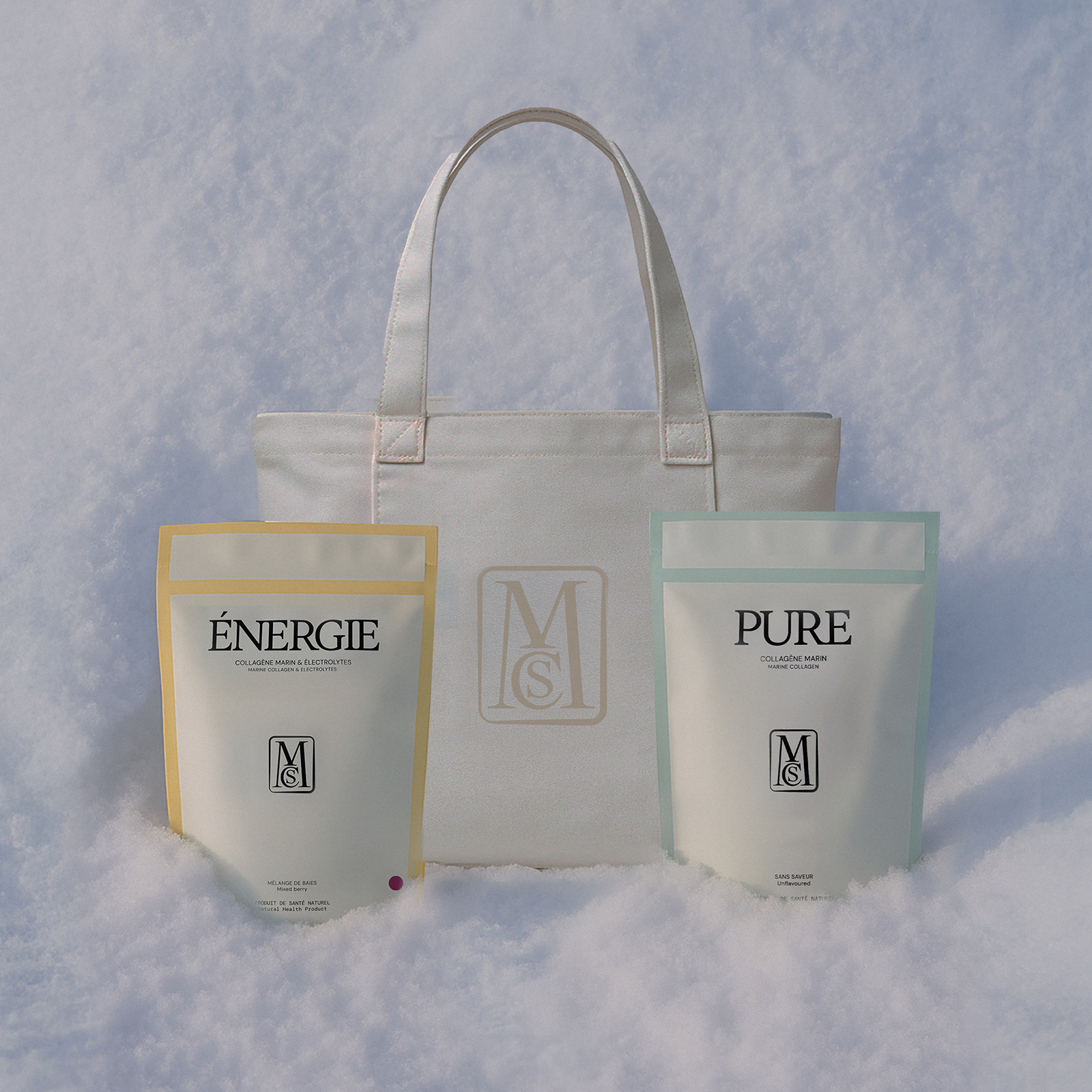 Coffret 4 : collagène marin PURE + collagène marin et électrolytes ÉNERGIE + sac fourre-tout